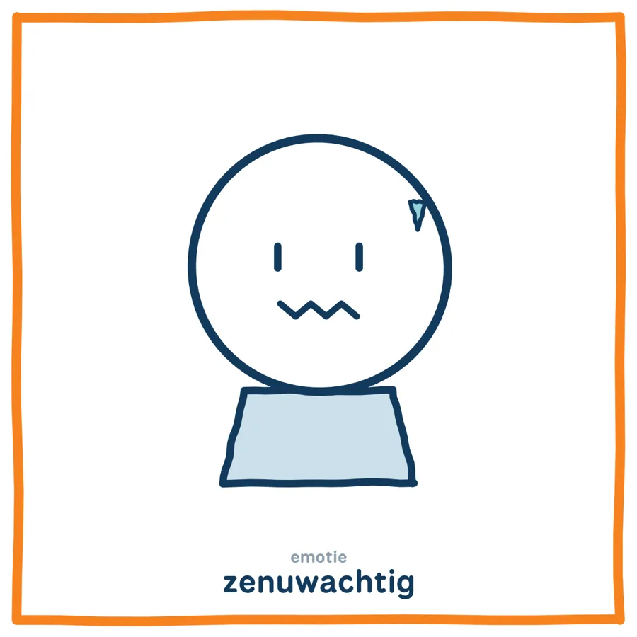 Getekend kind dat zenuwachtig is, met een onzekere blik en de handen in elkaar.