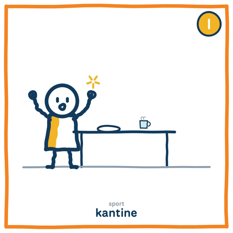 Getekende illustratie in de stijl van Begrijpjekind.nl: een kind met gele stijl (De Prater) vertelt enthousiast aan de kantinetafel.