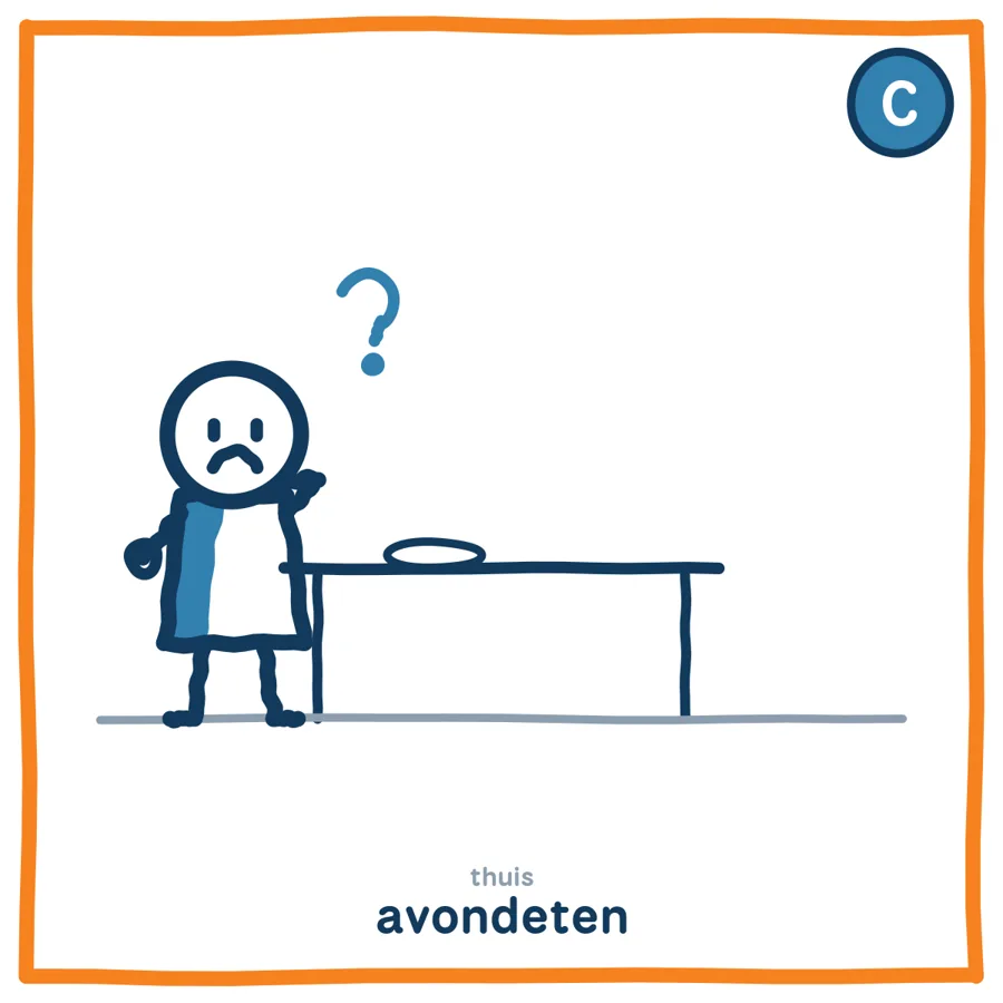 Avondeten door de ogen van De Denker: het kind met blauwe stijl kijkt vragend naar het lege bord.