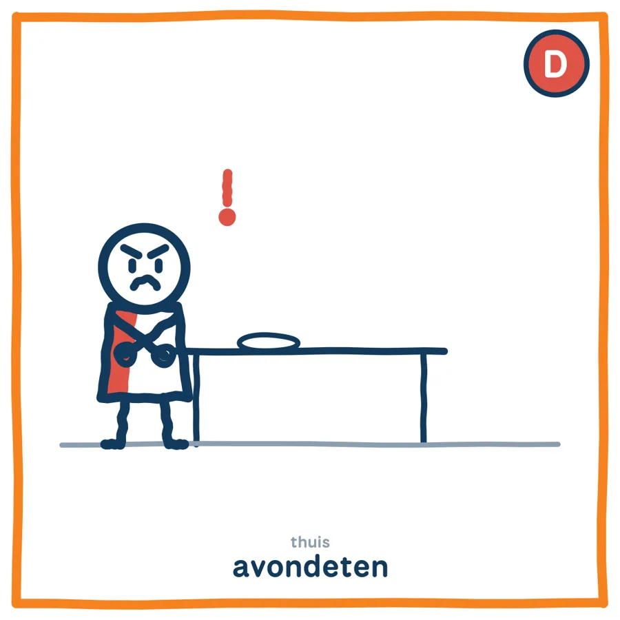 Avondeten door de ogen van De Doener: het kind met rode stijl laat fel merken dat het NU wil.