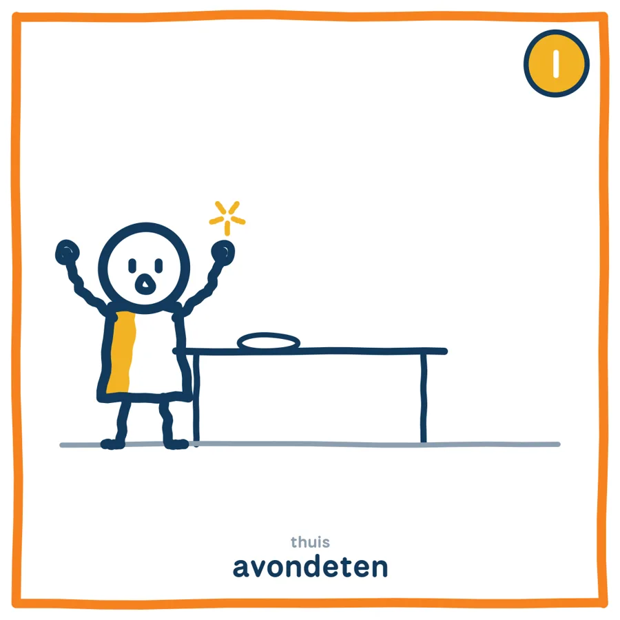 Avondeten door de ogen van De Prater: het kind met gele stijl juicht met de armen omhoog.