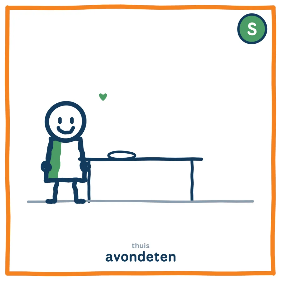 Avondeten door de ogen van De Helper: het kind met groene stijl staat rustig bij de tafel, met een hartje.