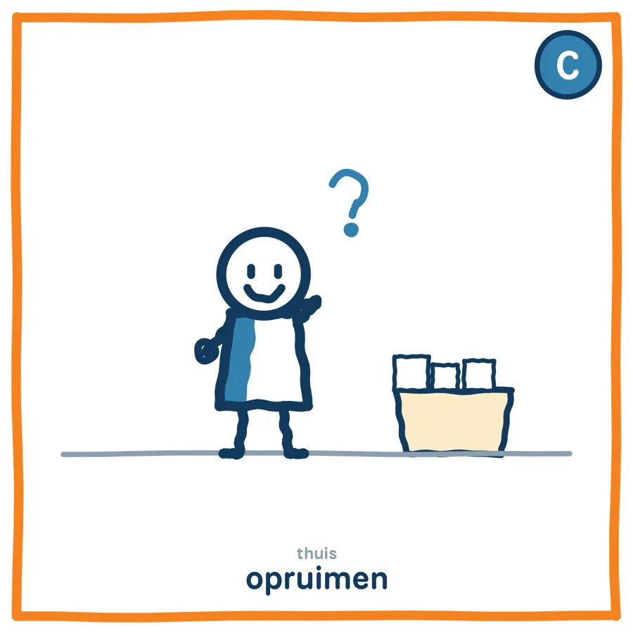 Opruimen door de ogen van De Denker: het kind met blauwe stijl sorteert alles eerst zorgvuldig.