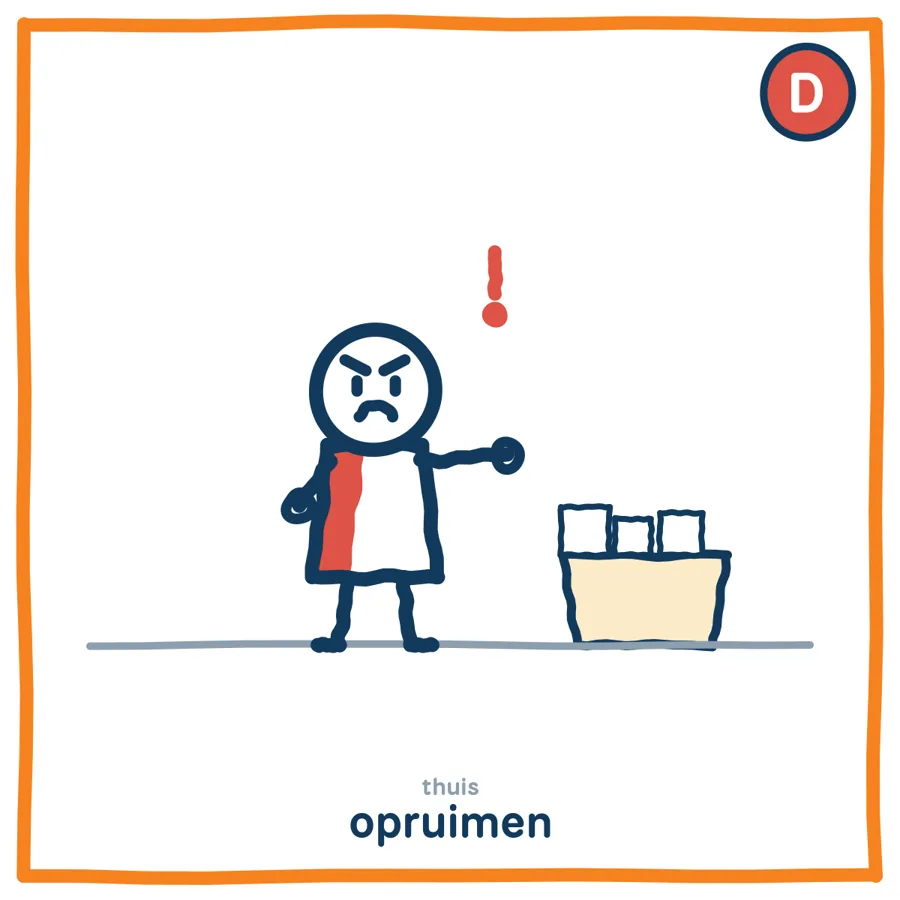 Opruimen door de ogen van De Doener: het kind met rode stijl gooit alles in één keer vol vaart in de bak.