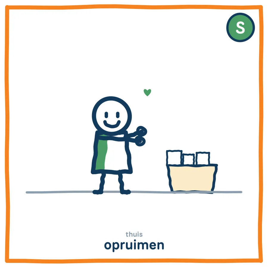 Opruimen door de ogen van De Helper: het kind met groene stijl ruimt rustig op, het liefst samen.