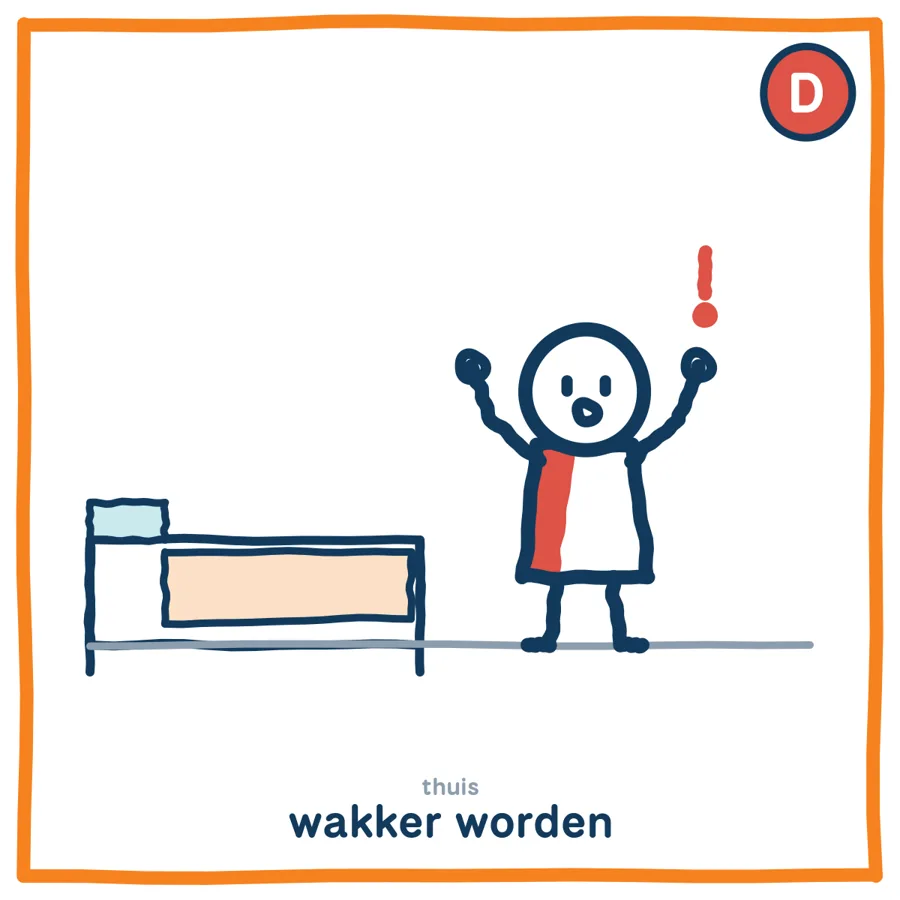 Wakker worden door de ogen van De Doener: het kind met rode stijl springt meteen vol energie uit bed.