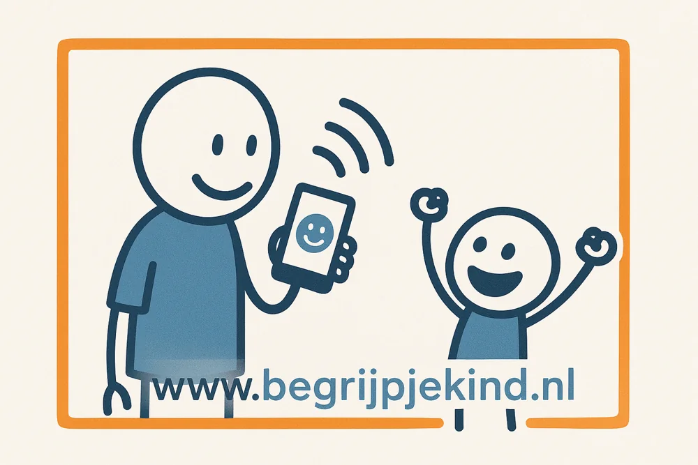 Getekende ouder laat de Begrijpjekind-app op de telefoon zien aan een blij juichend kind.