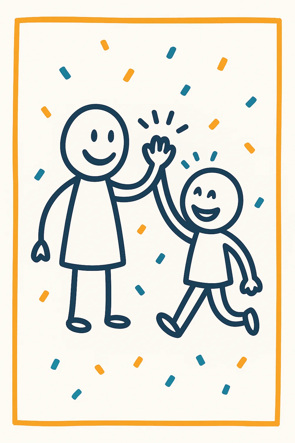 Getekende ouder en kind geven elkaar een high-five, met oranje en blauwe confetti eromheen.