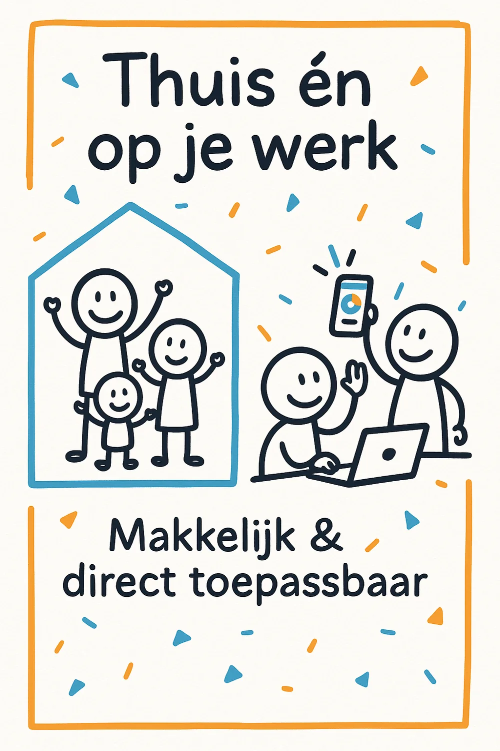 Getekende poster 'Thuis én op je werk': een juichend gezin in een huisje naast een werkscène met laptop en telefoon, met de tekst 'Makkelijk en direct toepasbaar'.